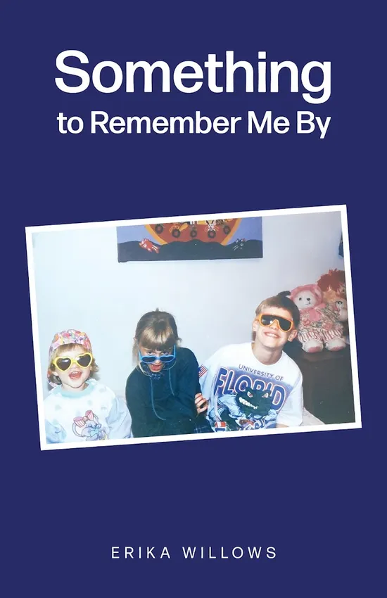 The cover of the book is purple and has a photo of Erika and her two siblings on a couch at a young age.